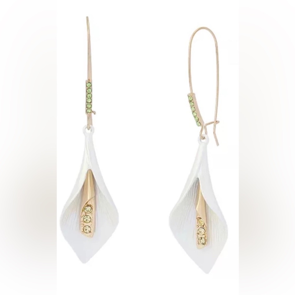 Betsey Johnson White Calla iridescent Drop Earrings with Green Crystal Accents